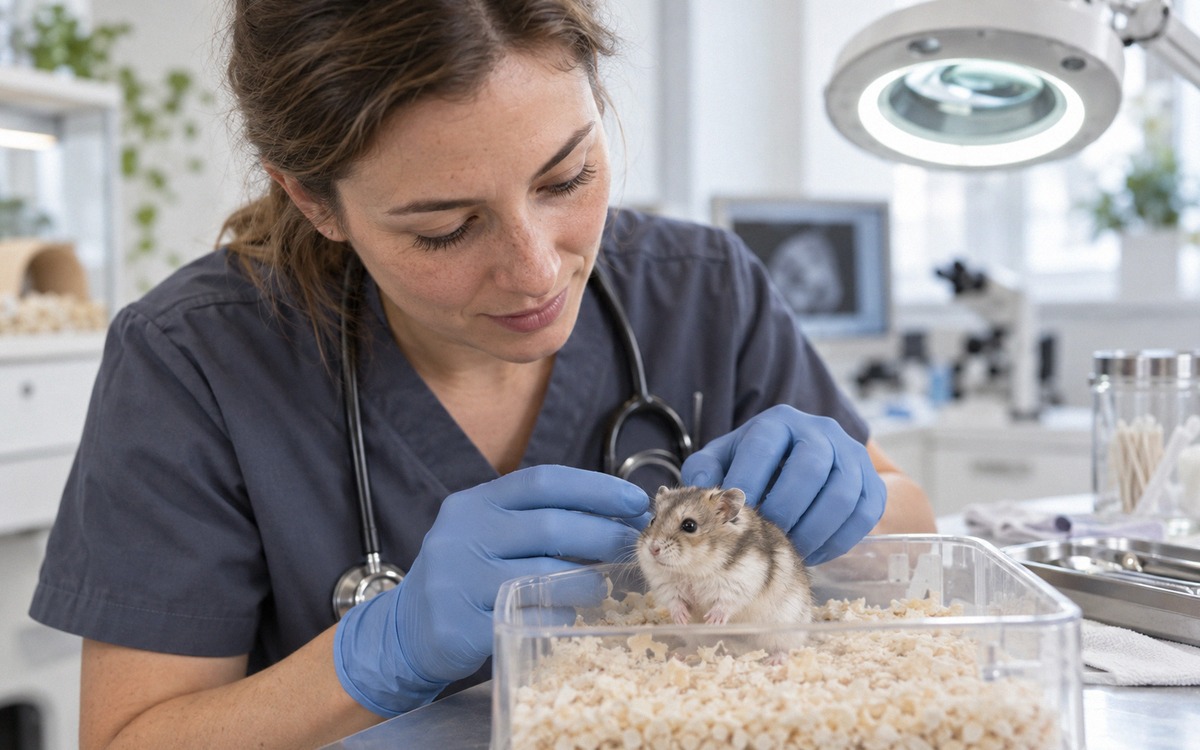 Veterinarian specialized in small exotic pets carefully examining a dwarf hamster in a clear examina