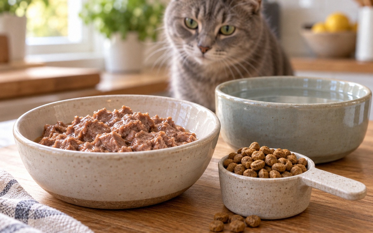 Close-up of balanced cat nutrition on a kitchen counter: premium wet cat food in a ceramic bowl, mea