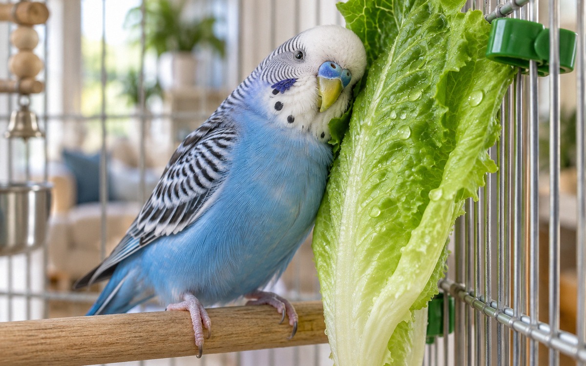 A happy blue budgerigar gently rubbing its head and chest against a fresh wet romaine lettuce leaf c