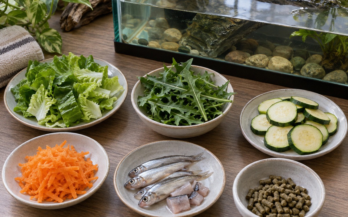 Top-down realistic food preparation scene for an adult red-eared slider turtle, separate small porti
