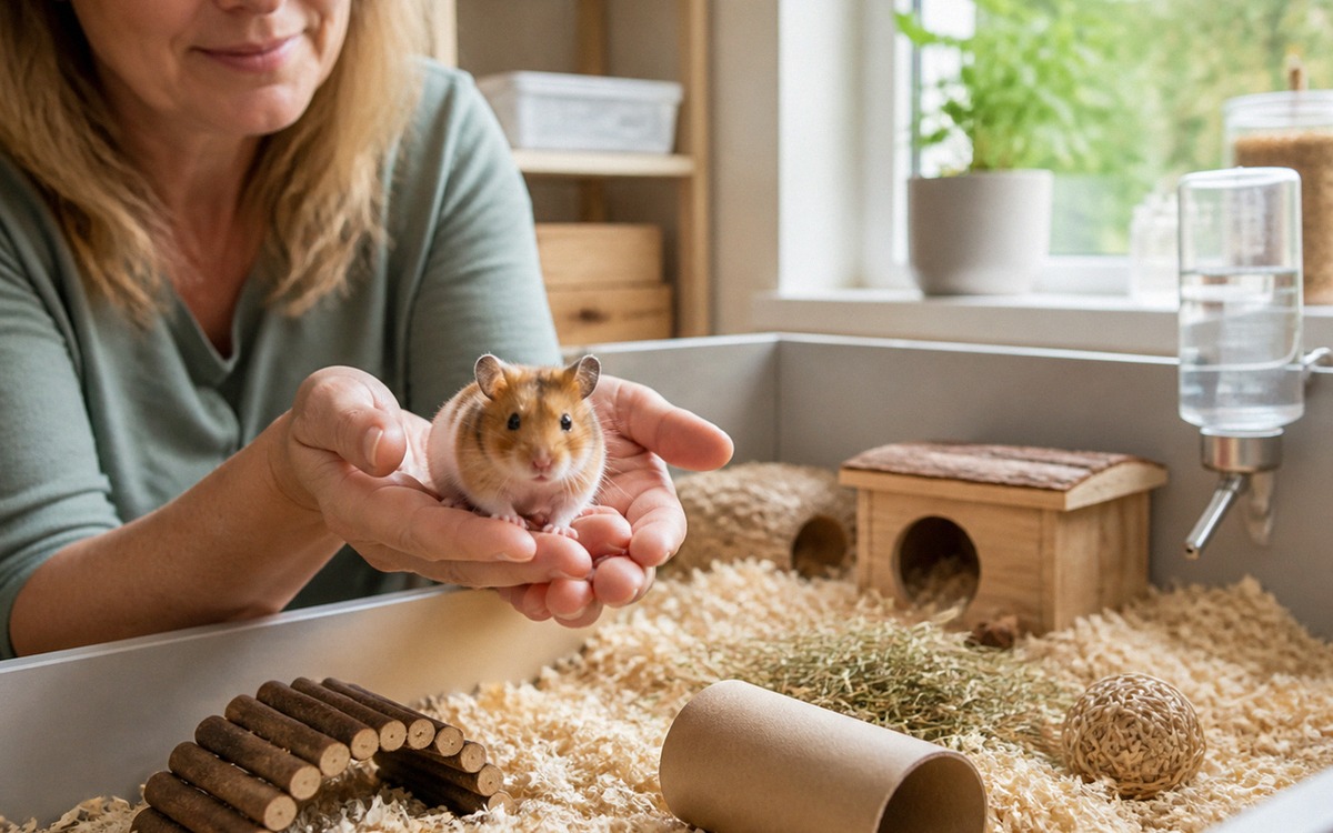 Photorealistic scene of a responsible hamster breeder showing a healthy young hamster in a clean spa
