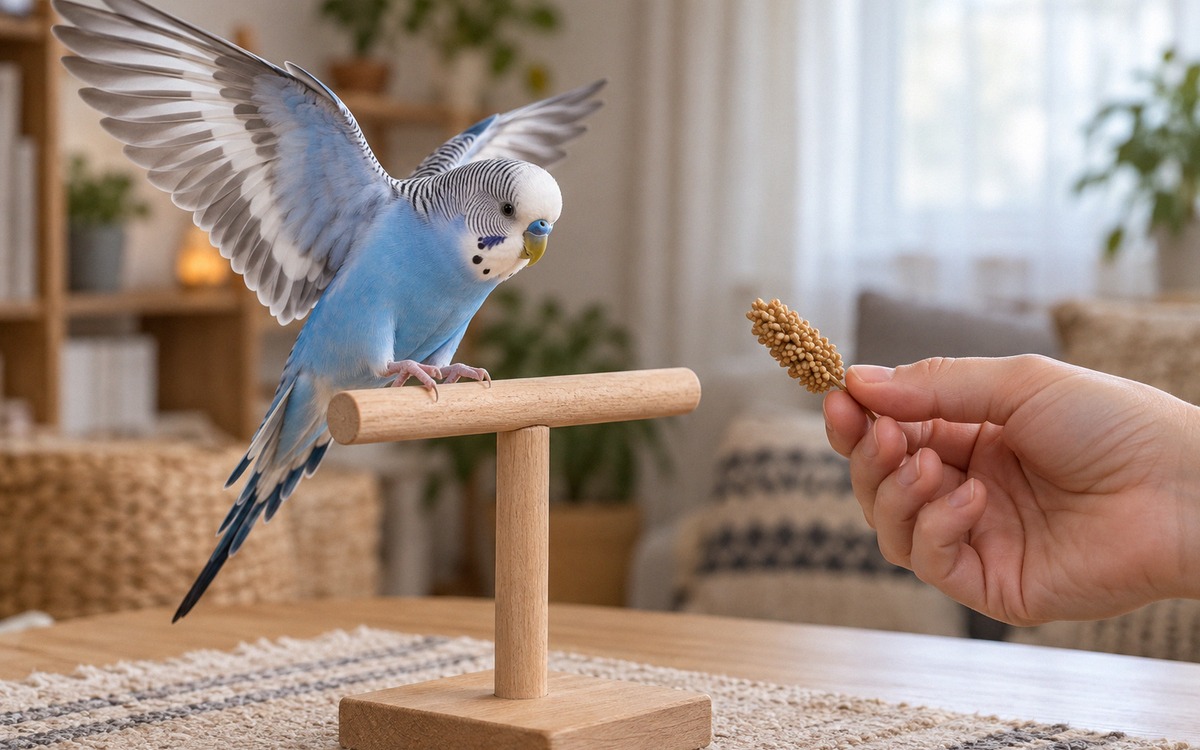 A hand-tame blue budgerigar landing on a small wooden training perch in a cozy room, owner offering 