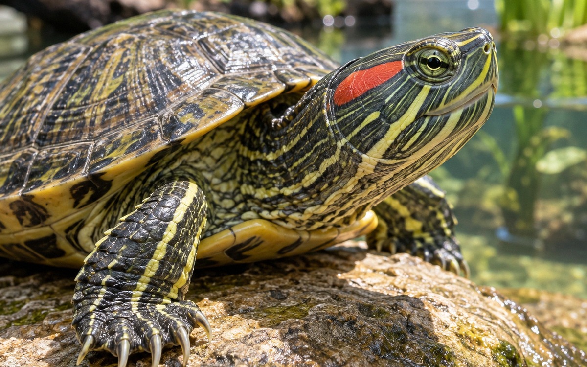 Close-up natural portrait of a healthy red-eared slider turtle extending its head from the shell, vi