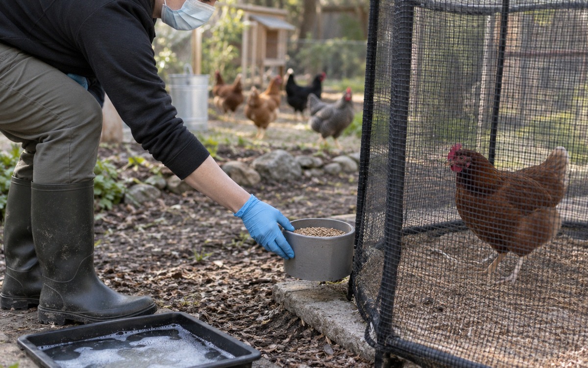 Backyard poultry biosecurity routine: gloved hands placing a feed container outside a separate tempo