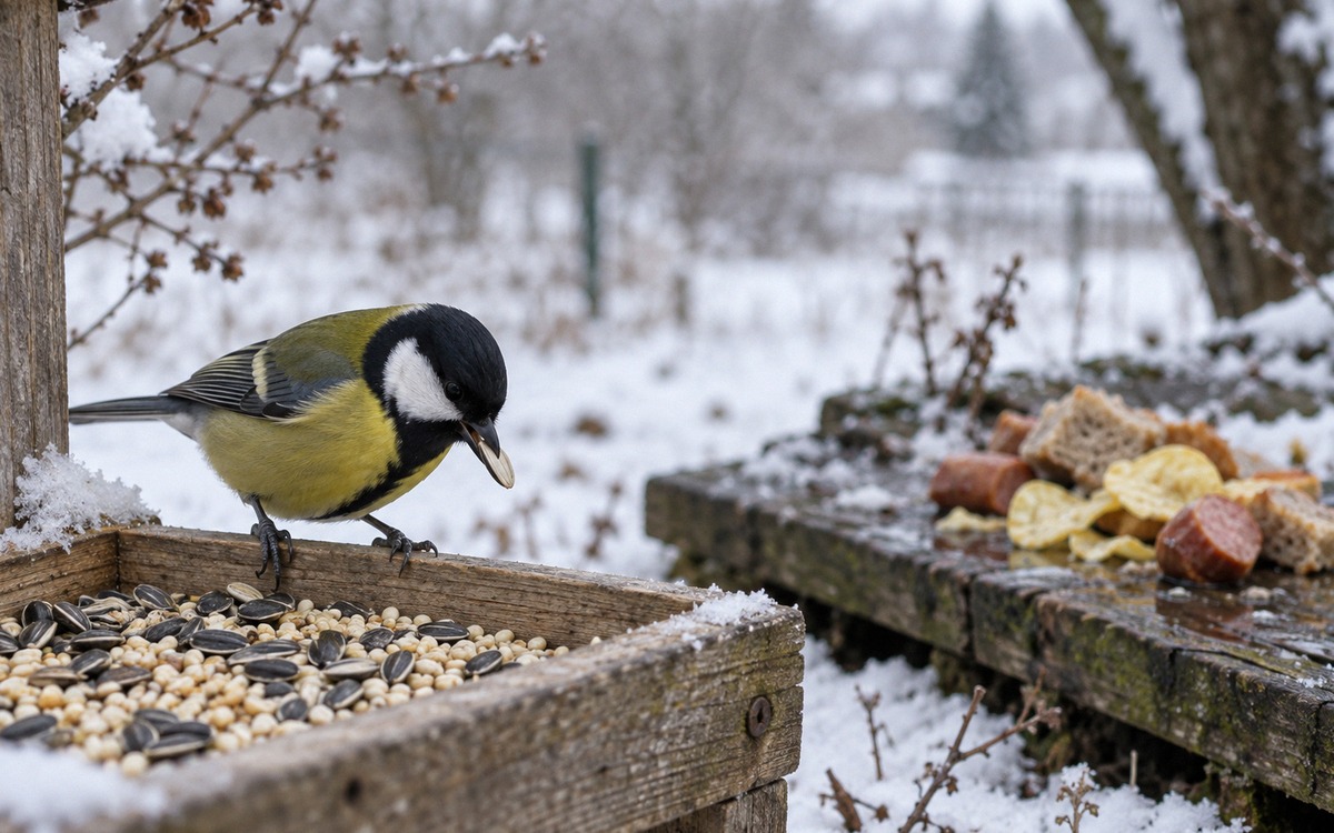 Educational realistic winter scene beside a bird feeder: safe raw sunflower seeds and millet in a sm