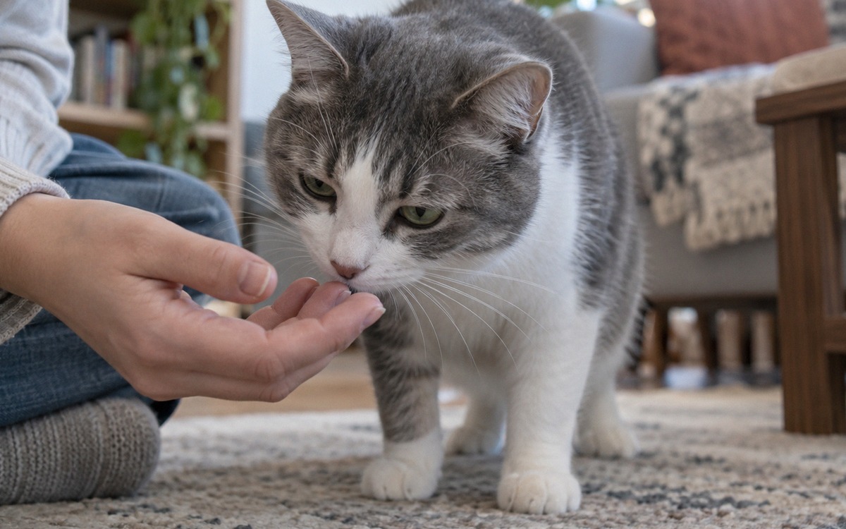 Close natural photography of an adult shy gray-and-white cat voluntarily sniffing a relaxed human ha