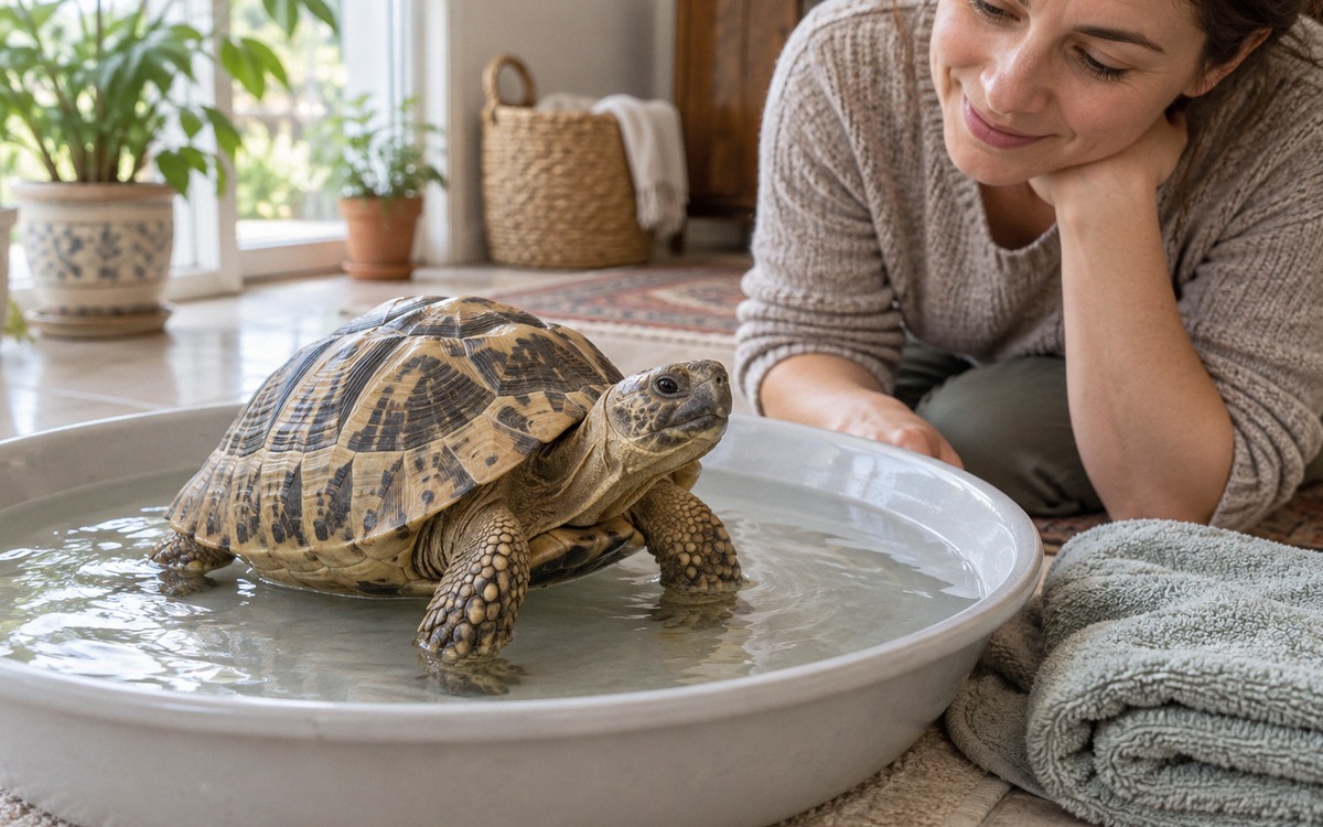 Responsible owner gently supervising a Central Asian tortoise bathing in a shallow wide basin with w