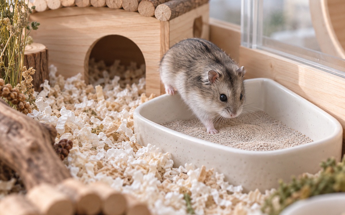 A dwarf hamster carefully stepping into a low ceramic corner litter tray inside its habitat, fine sa