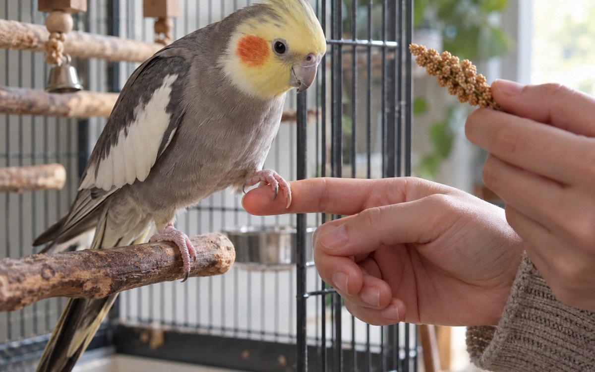 Training moment with a cockatiel carefully stepping onto an owner's outstretched index finger inside