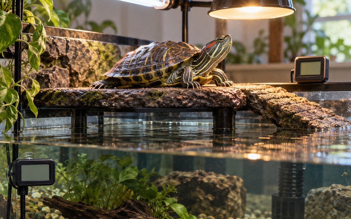 Close realistic view of a red-eared slider turtle resting fully dry on a textured basking platform u