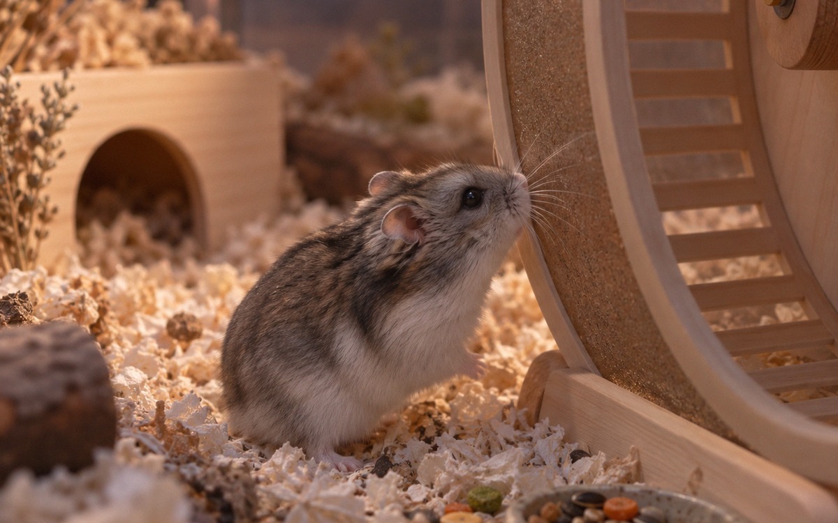 A small Djungarian hamster cautiously sniffing a stable exercise wheel in its enclosure at dusk, a f