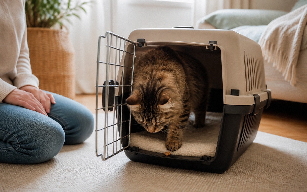 A cat calmly stepping fully into an open pet carrier to reach a treat, owner sitting nearby with rel