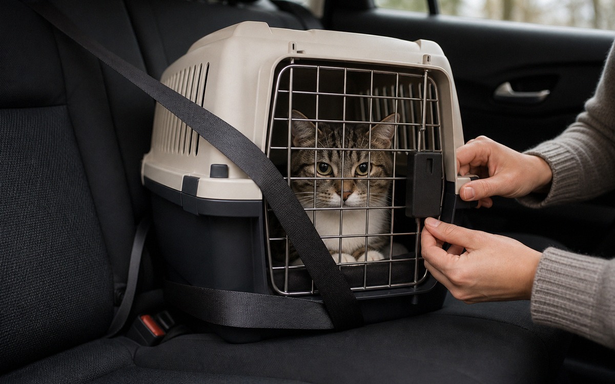 A cat resting inside a secured carrier on the back seat of a car, seat belt holding the carrier safe
