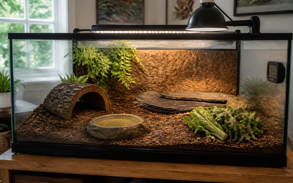 Photorealistic indoor setup for a land tortoise before purchase, spacious glass terrarium with UVB l
