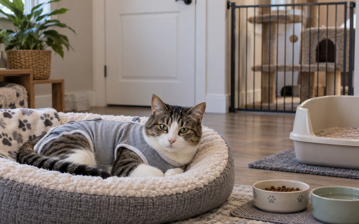 A recovering house cat in a clean recovery suit resting on a floor-level bed in a quiet room, low fo