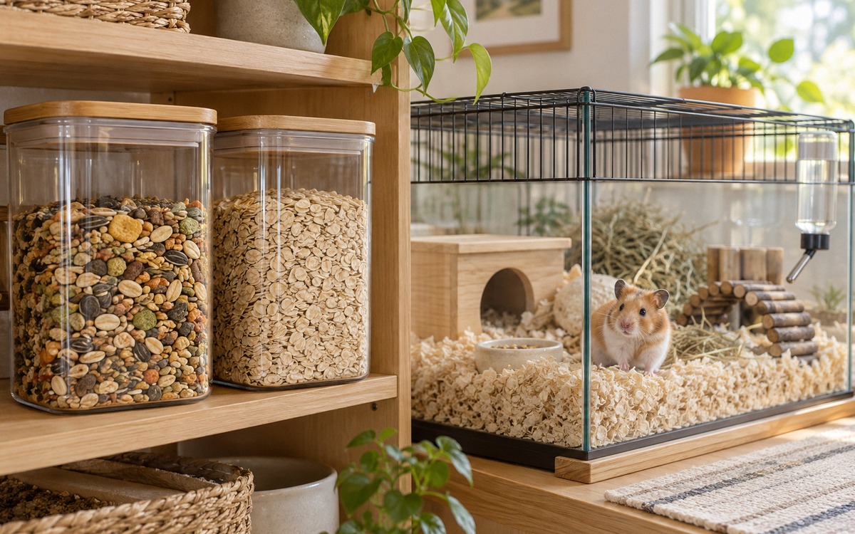 Photorealistic home pet care scene: sealed transparent containers with hamster food and plain oats s