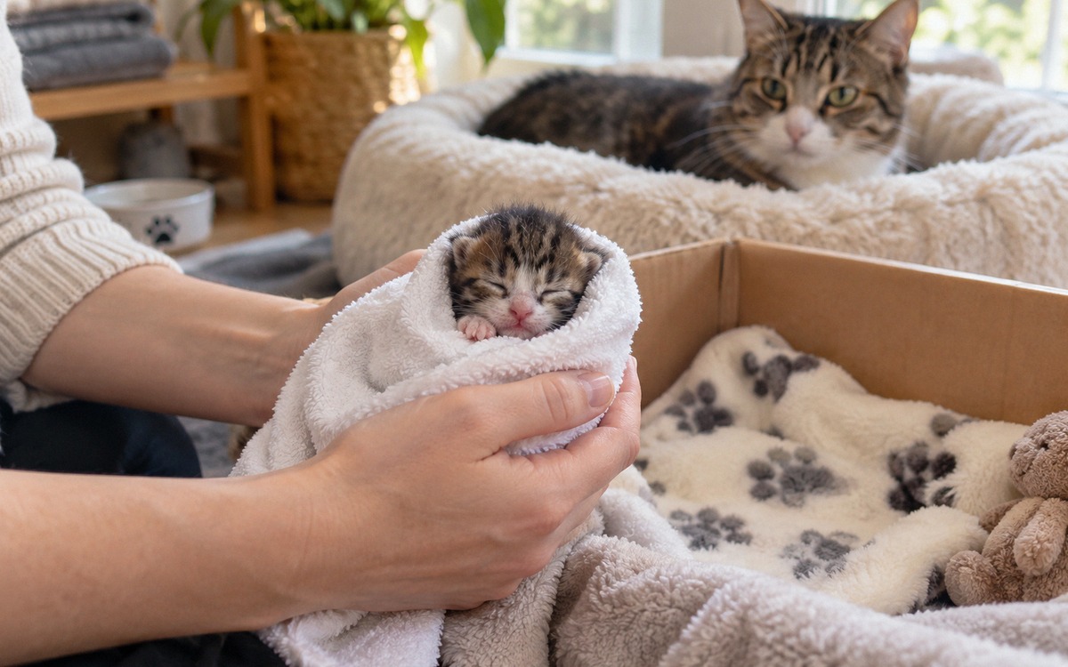 Responsible pet owner carefully holding a tiny newborn kitten wrapped in a soft clean towel next to 