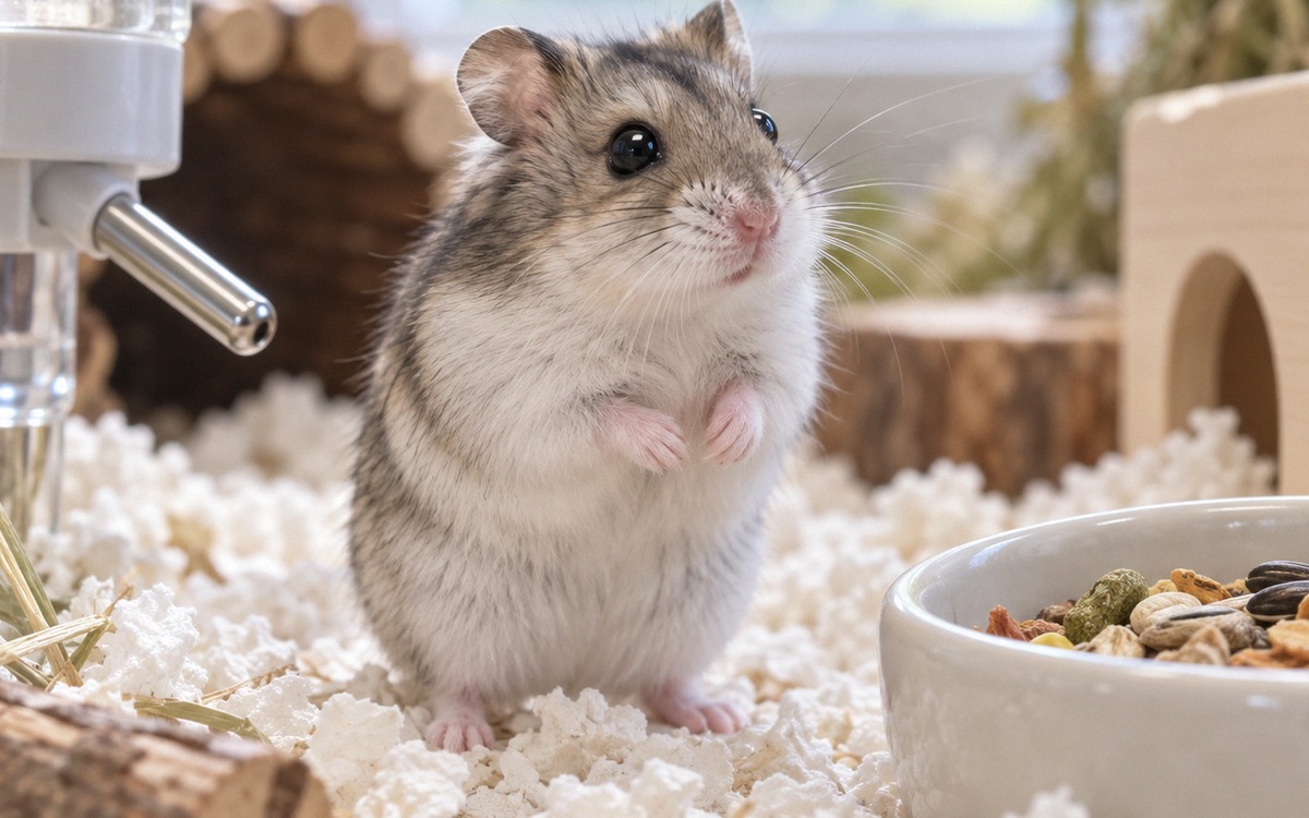 Close realistic photograph of a healthy dwarf hamster alert and standing on clean bedding beside a w