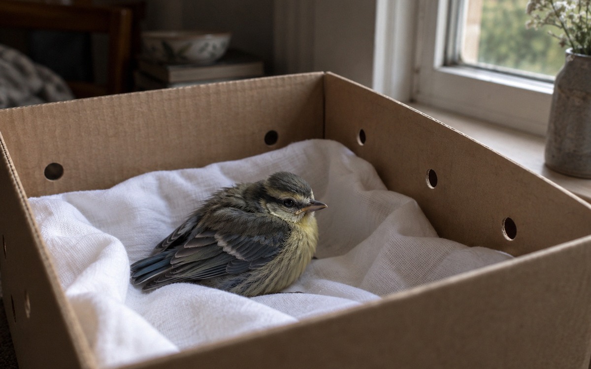Sensitive realistic wildlife rescue scene: an injured small wild bird resting safely inside a ventil