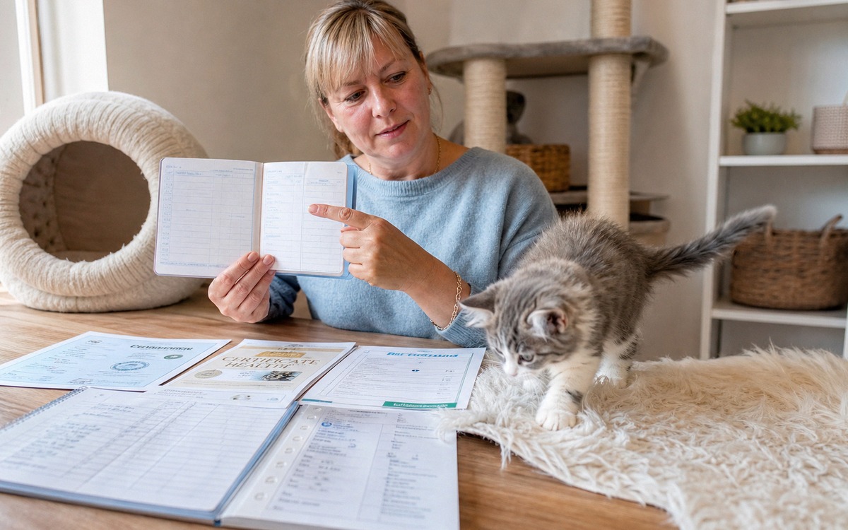 Photorealistic scene of a responsible cat breeder showing documents and a veterinary passport on a t