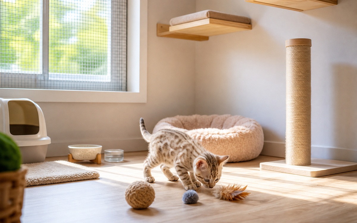 Photorealistic image of a prepared safe room for a new rare breed kitten, stable scratching post, li