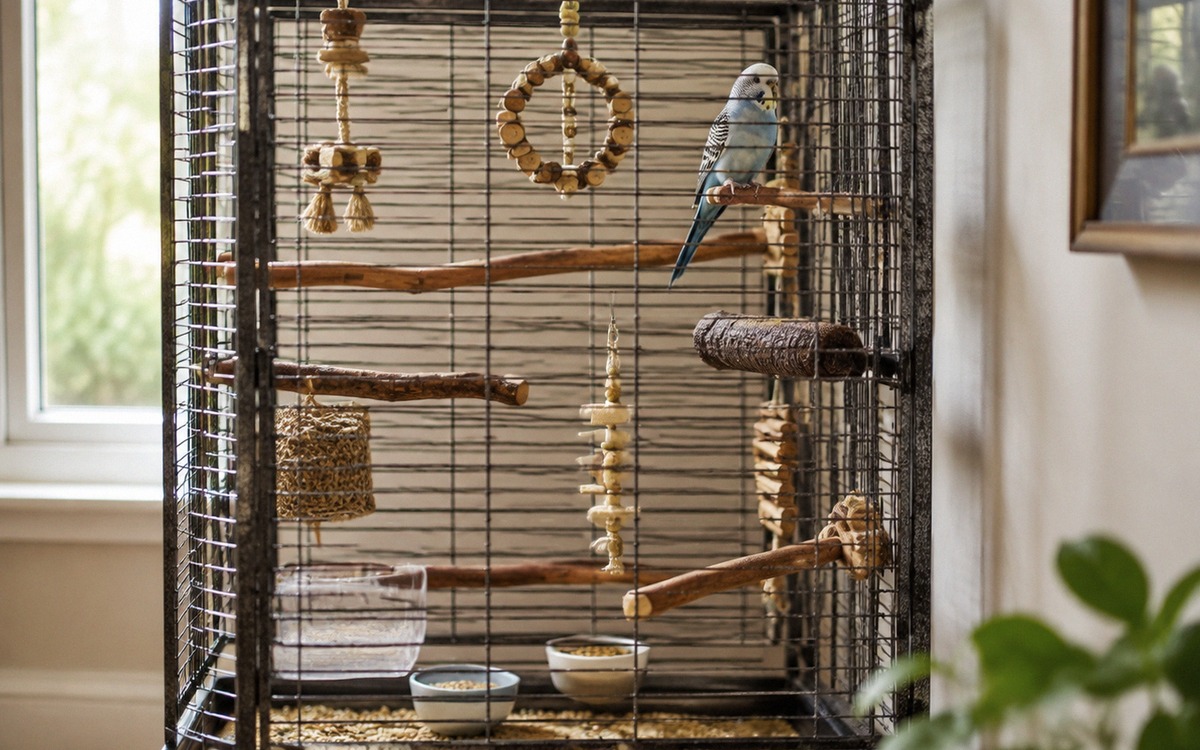 A well arranged bird cage in a quiet bright room, one side near a wall, natural wooden perches of di