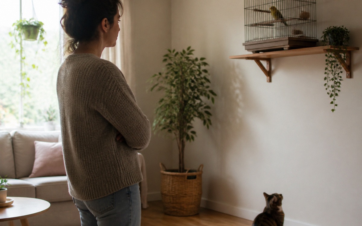 A pet bird cage placed safely high near a quiet wall while a cat watches from far away on the floor,