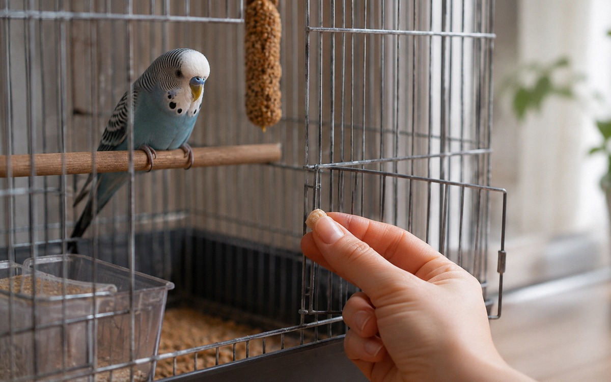 Photorealistic natural photography of a patient owner offering a small treat near an open bird cage 