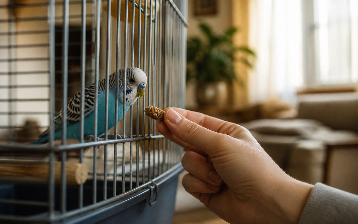 Photorealistic close scene of an owner calmly offering a tiny millet treat through cage bars to a ca