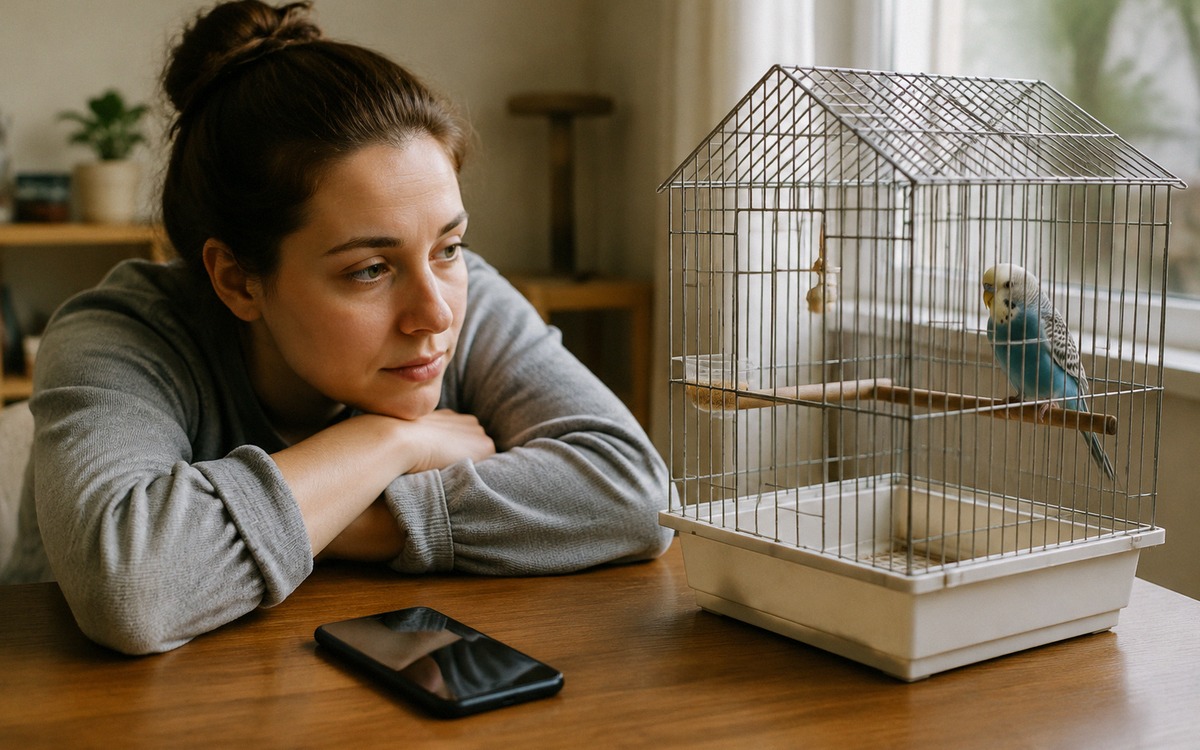 Photorealistic natural photography of a concerned pet owner observing a small budgie sitting quietly