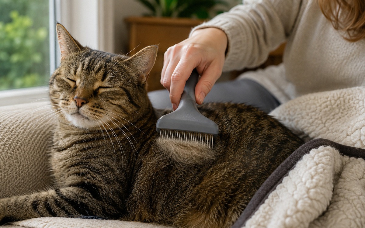 Owner gently brushing a relaxed tabby cat on a sofa, grooming comb removing loose undercoat, clean p