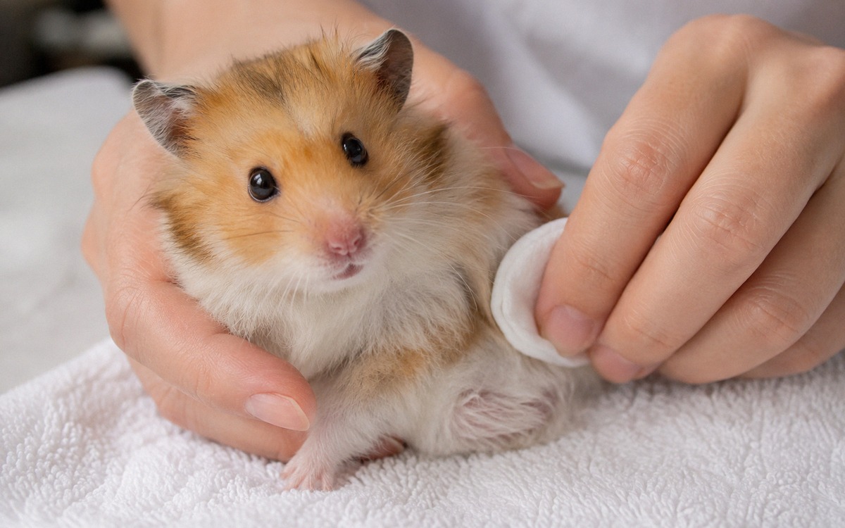A calm hamster on a soft towel while an owner gently cleans a small sticky spot on its side with a d