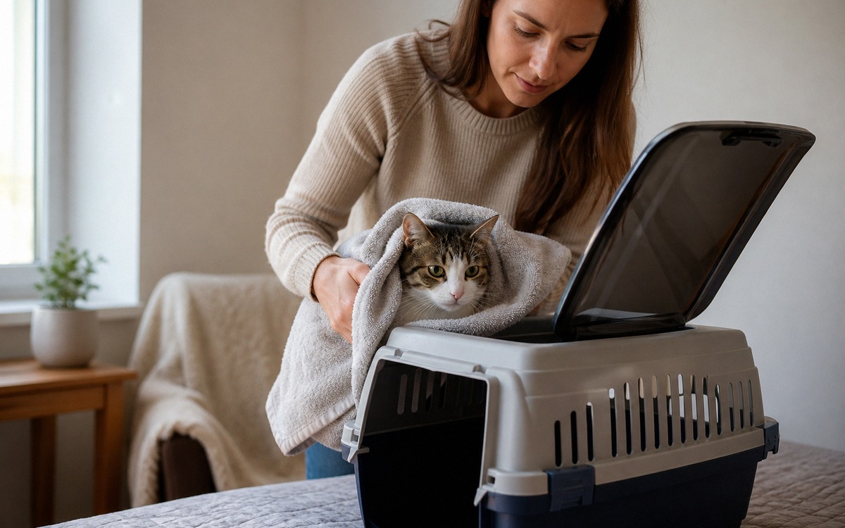 A careful owner gently placing a wrapped cat in a top-opening pet carrier using a soft towel, small 