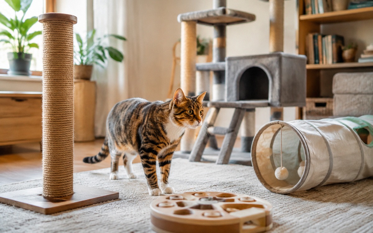 Photorealistic scene of an enriched cat environment at home: scratching post, cat tree, tunnel, puzz