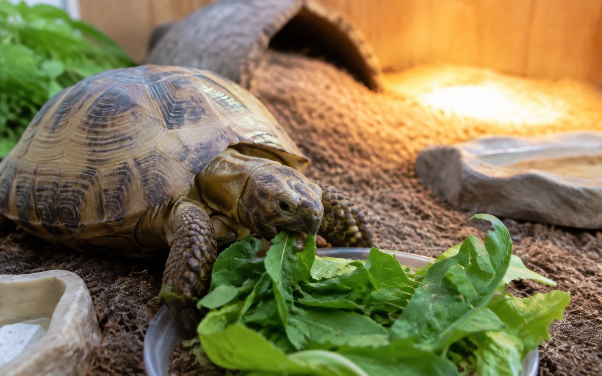 Natural photography of a Central Asian tortoise eating fresh leafy greens in a safe dry terrarium wi