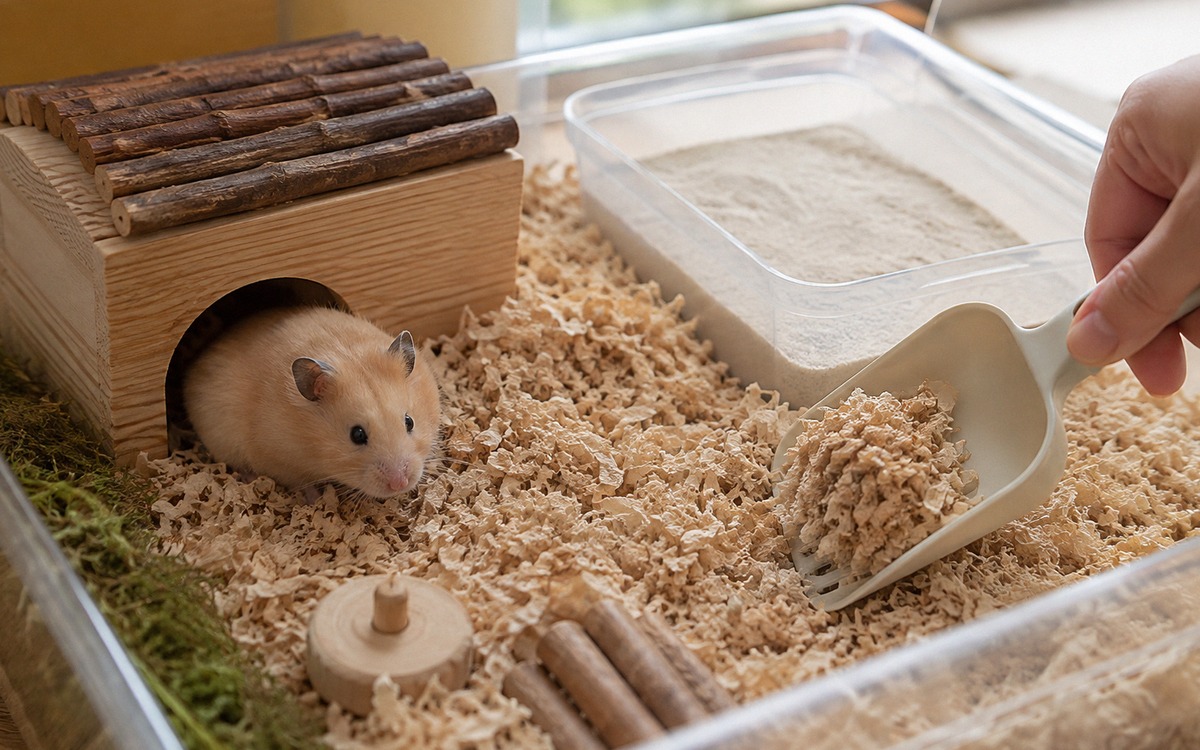 Hamster cage cleaning scene with a small scoop removing only a wet bedding corner while the hamster 