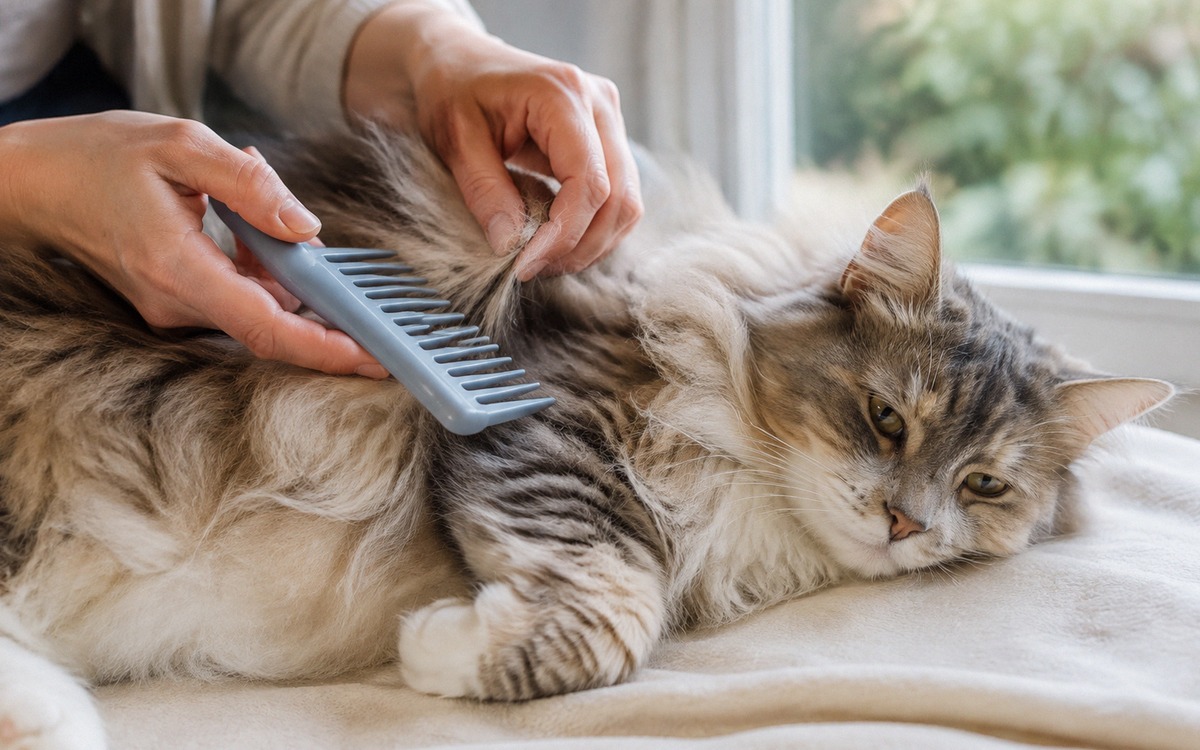 A careful grooming scene with a long-haired cat lying on its side while an owner gently separates a 