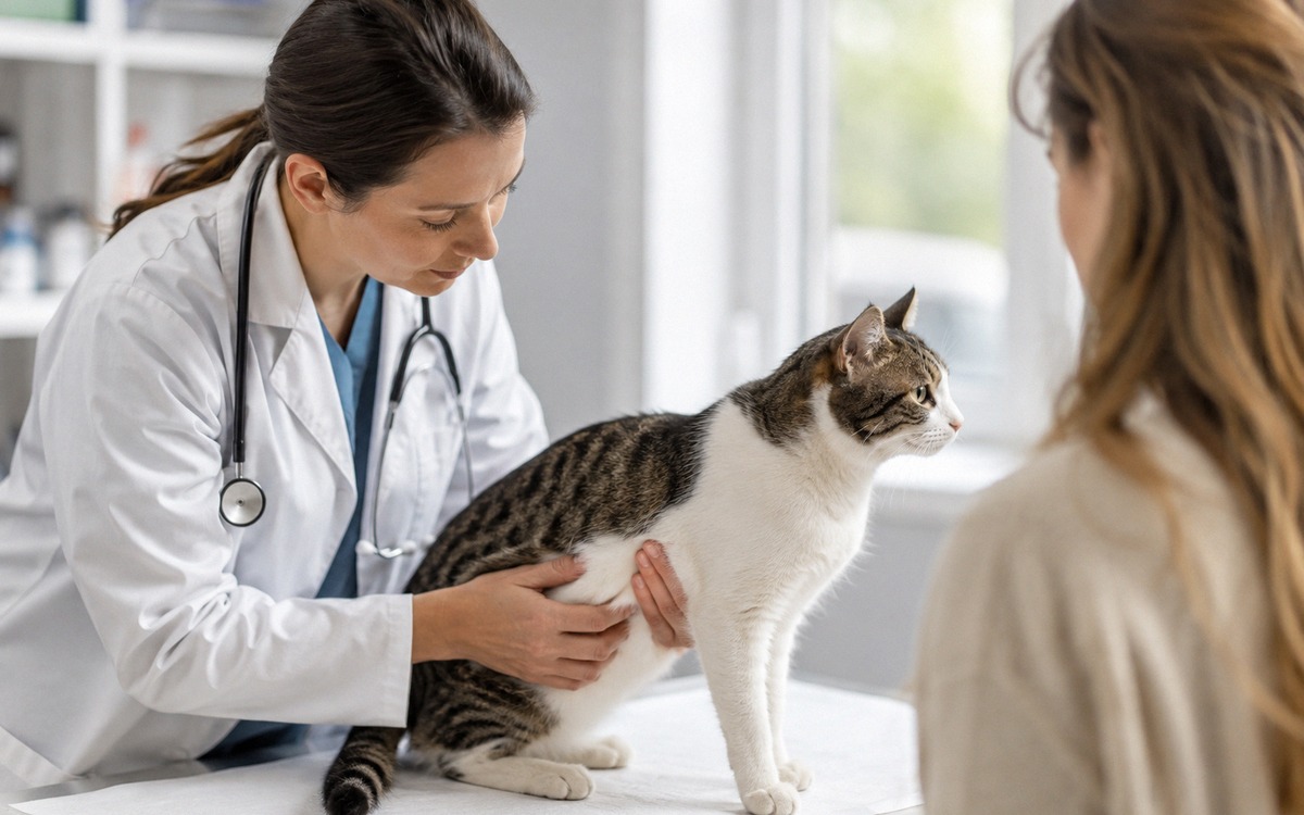 Photorealistic natural photo of a veterinarian gently checking the body condition of a calm domestic