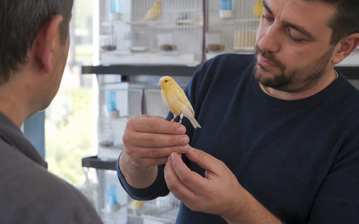 A responsible bird breeder showing a healthy ringed canary to a buyer, clean indoor breeding room wi
