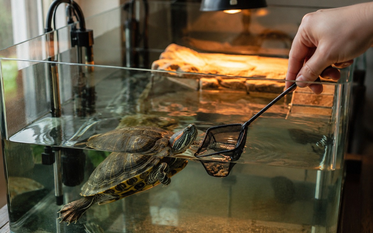 Photorealistic natural photography of a red eared slider turtle in a clean aquaterrarium, clear wate