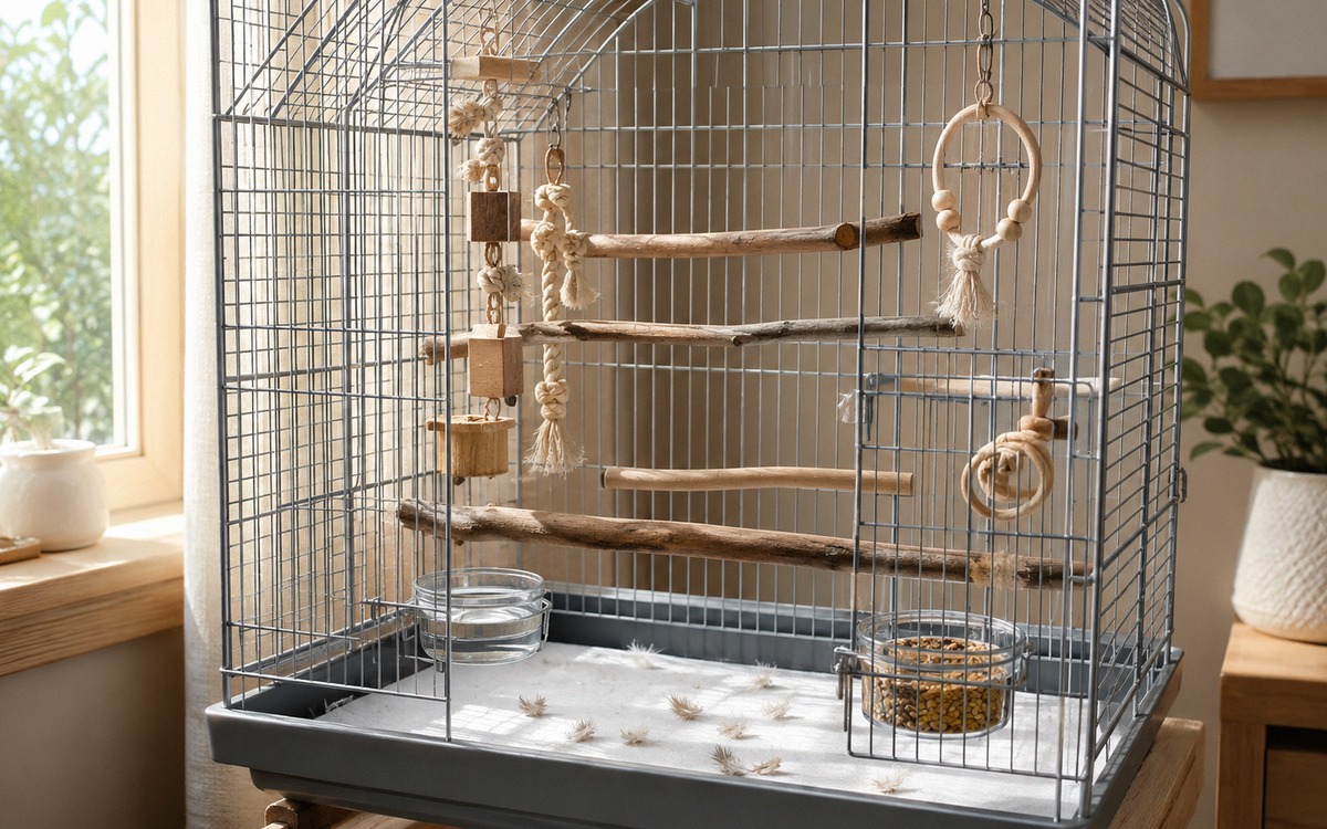 Photorealistic scene of a clean bird cage during molting, natural wooden perches of different diamet