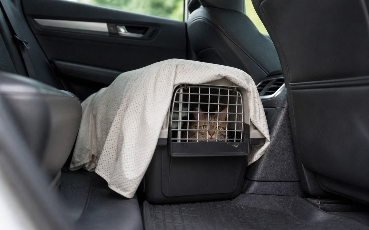 Photorealistic image of a secured cat carrier on the back seat floor area of a car, calm cat visible