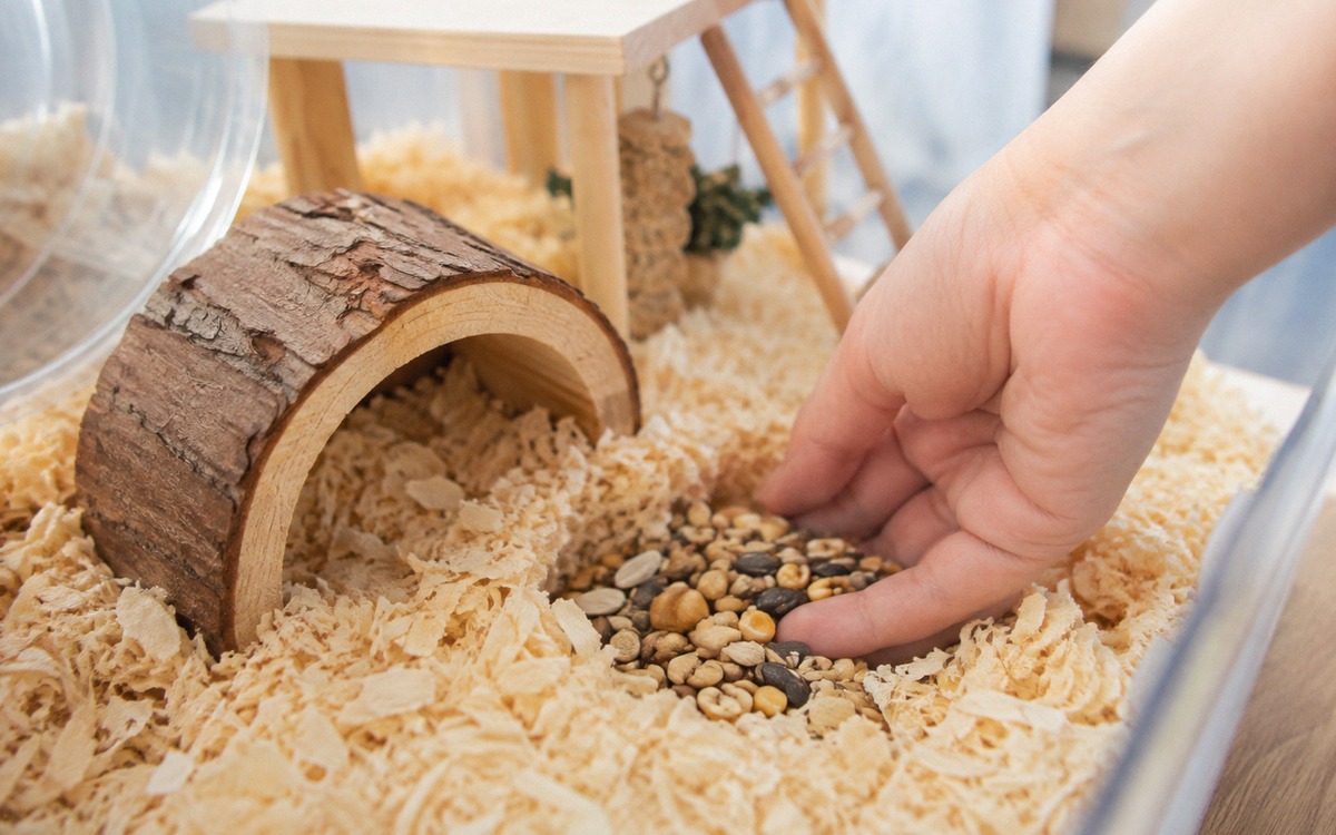 A hamster food stash visible in clean bedding near a wooden hideout, owner gently checking stored dr