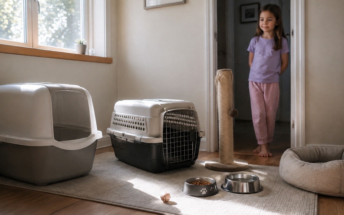Photorealistic preparation scene for a new cat at home: litter box, carrier, scratching post, food a