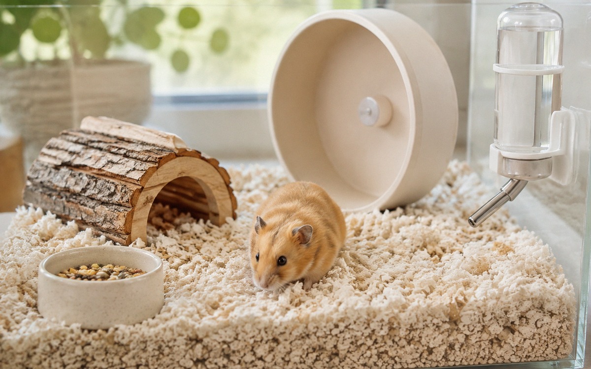 A clean spacious hamster habitat with dry paper bedding, wooden hideout, exercise wheel, ceramic foo