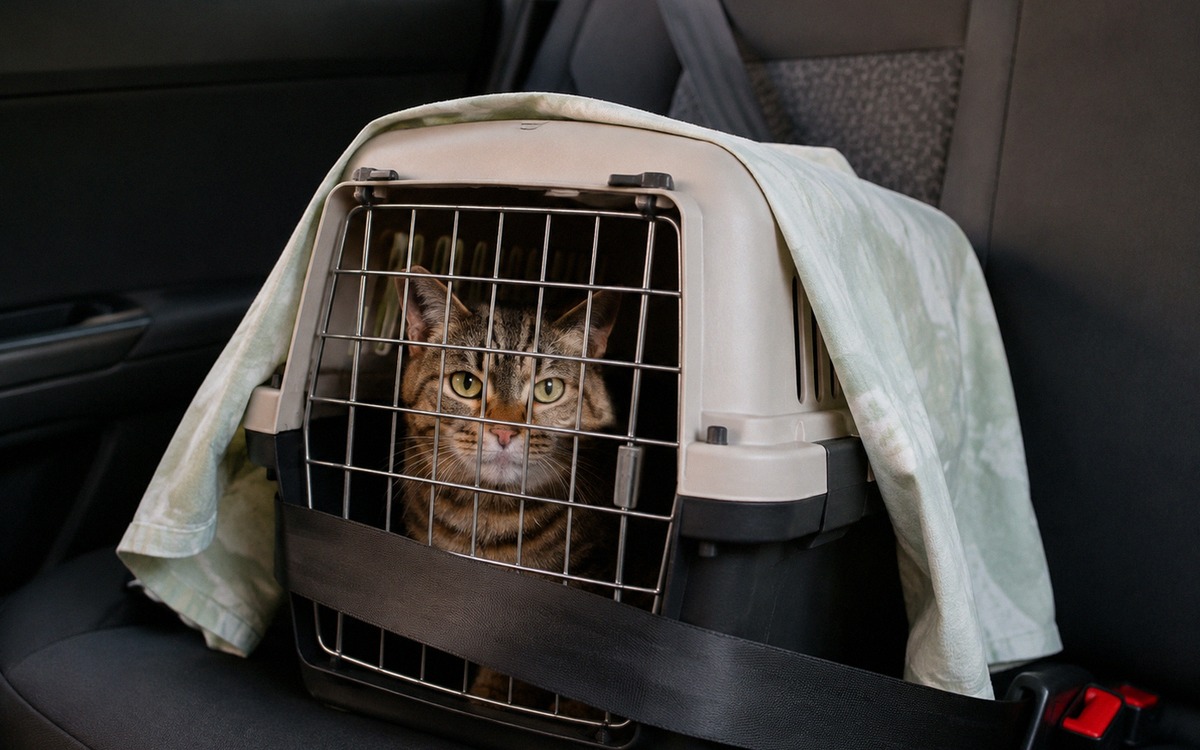 A tabby cat sitting inside a secure travel carrier partly covered with a light cloth in a car seat, 