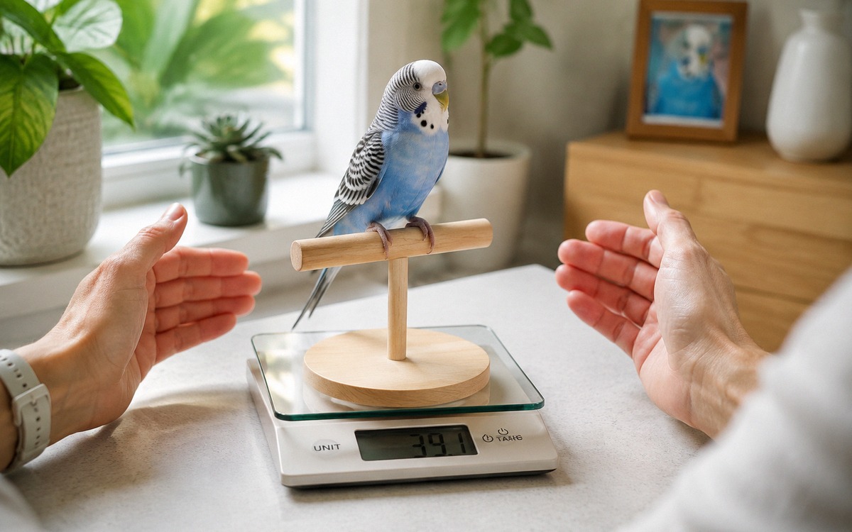 Photorealistic scene of a small budgerigar calmly standing on a digital kitchen scale with a perch a