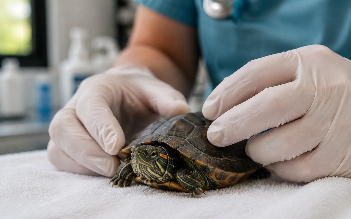 Photorealistic veterinary checkup of a small pet turtle on a soft towel, veterinarian hands gently e