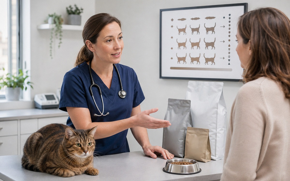 Veterinarian discussing a cat nutrition plan with an owner in a bright veterinary consultation room,