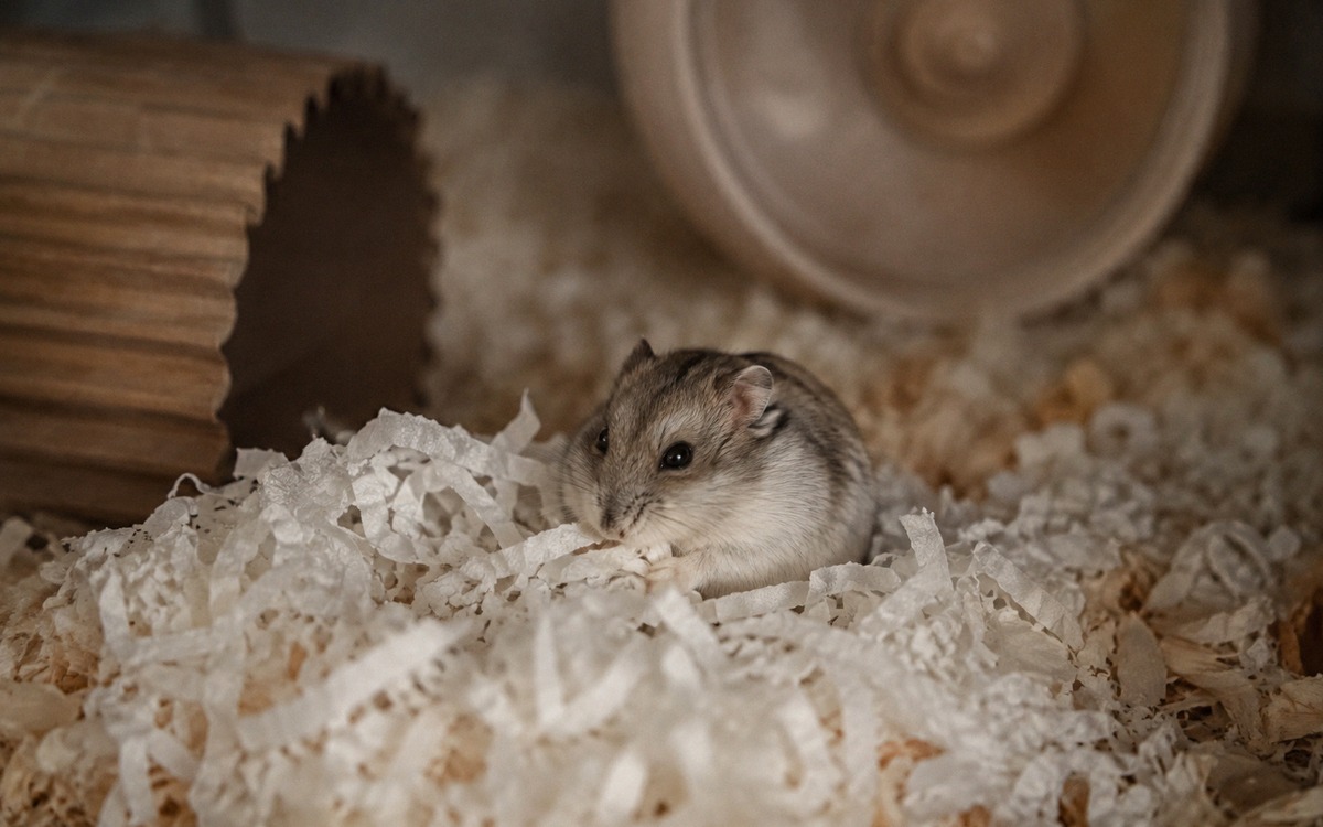 A relaxed dwarf hamster building a nest with plain shredded white paper inside a spacious quiet habi